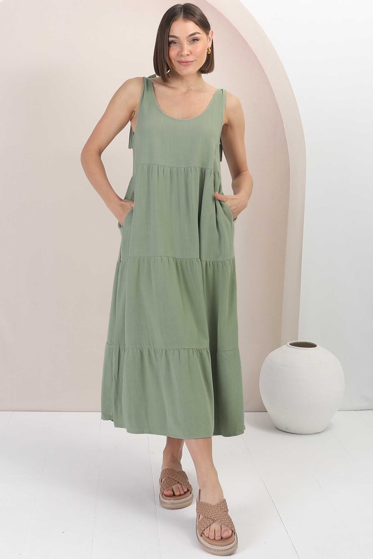 Verona Midi Dress - Tie at Shoulder Straps Sun Dress in Khaki