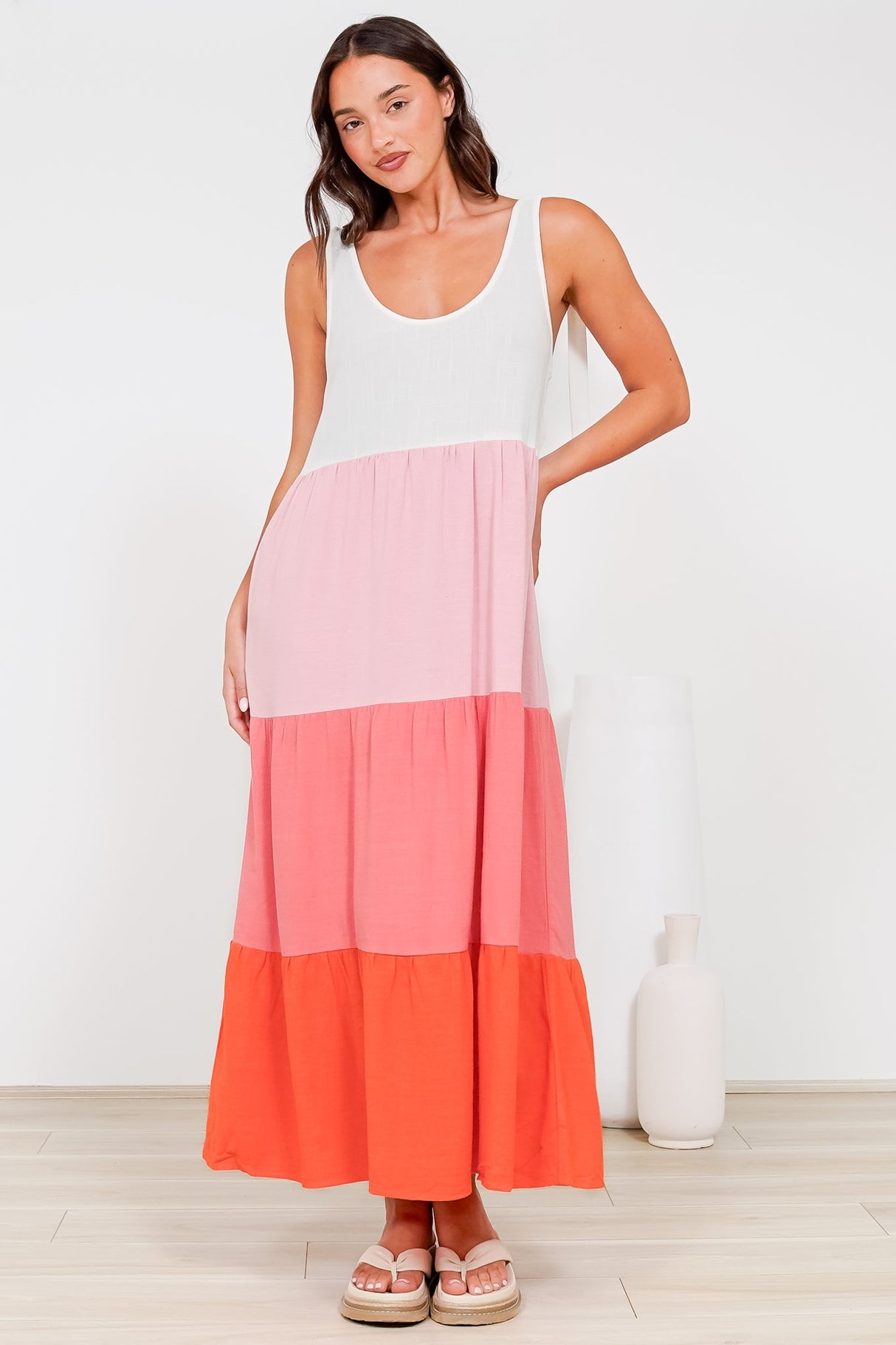 Verona Midi Dress - Tie at Shoulder Straps Sun Dress in Pammy Stripe Print Pink