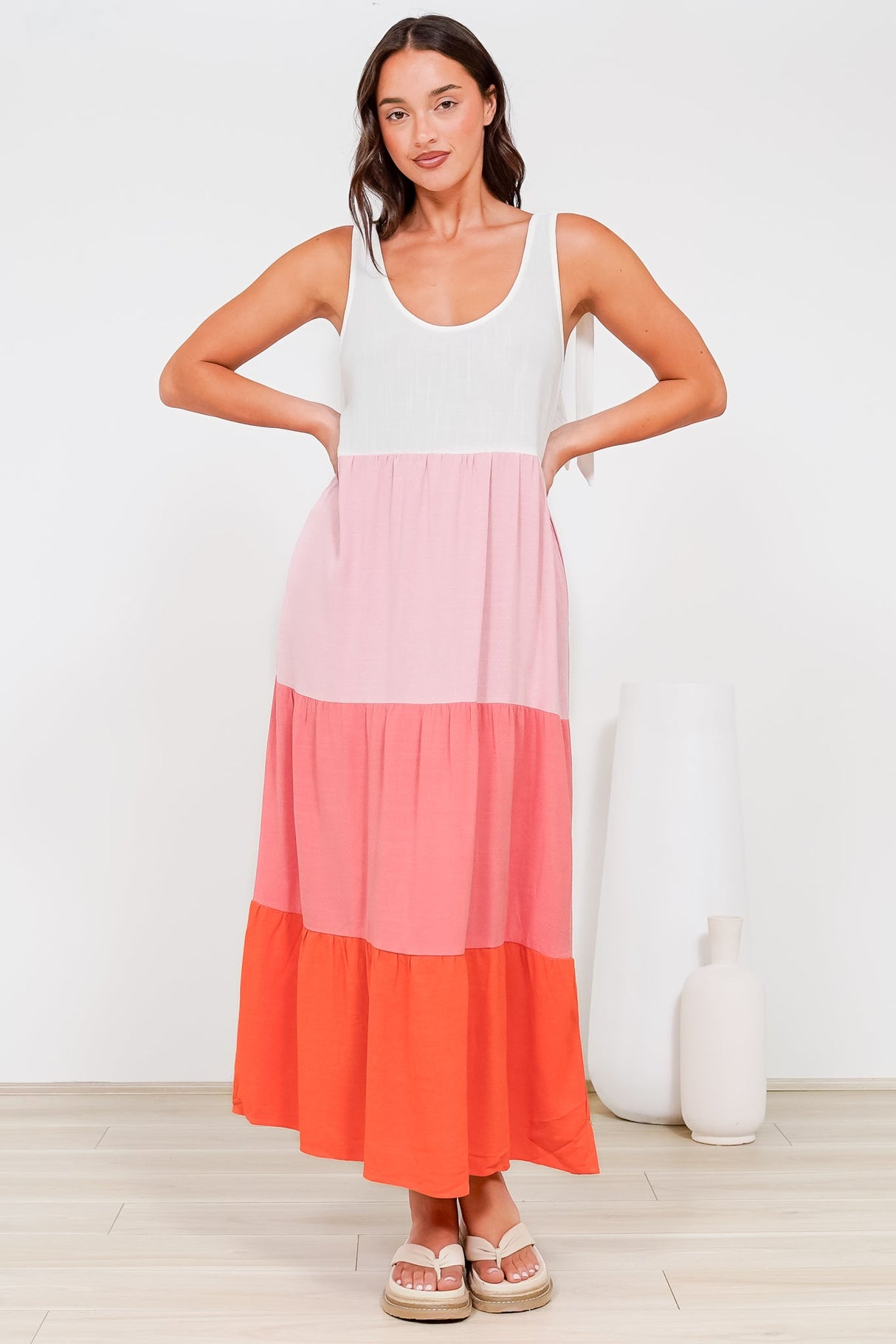 Verona Midi Dress - Tie at Shoulder Straps Sun Dress in Pammy Stripe Print Pink