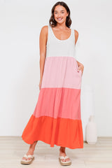 Verona Midi Dress - Tie at Shoulder Straps Sun Dress in Pammy Stripe Print Pink