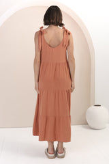 Verona Midi Dress - Tie at Shoulder Straps Sun Dress in Rust