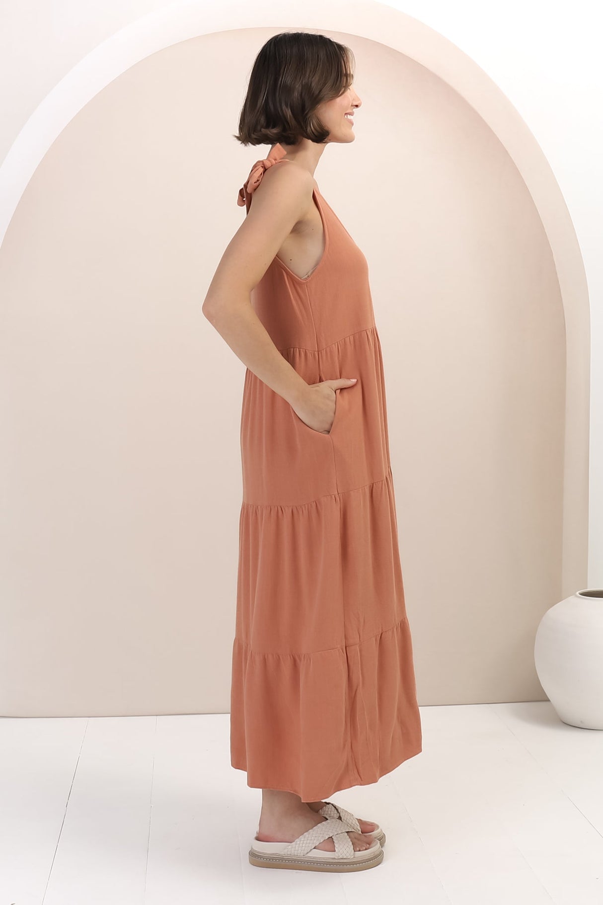 Verona Midi Dress - Tie at Shoulder Straps Sun Dress in Rust