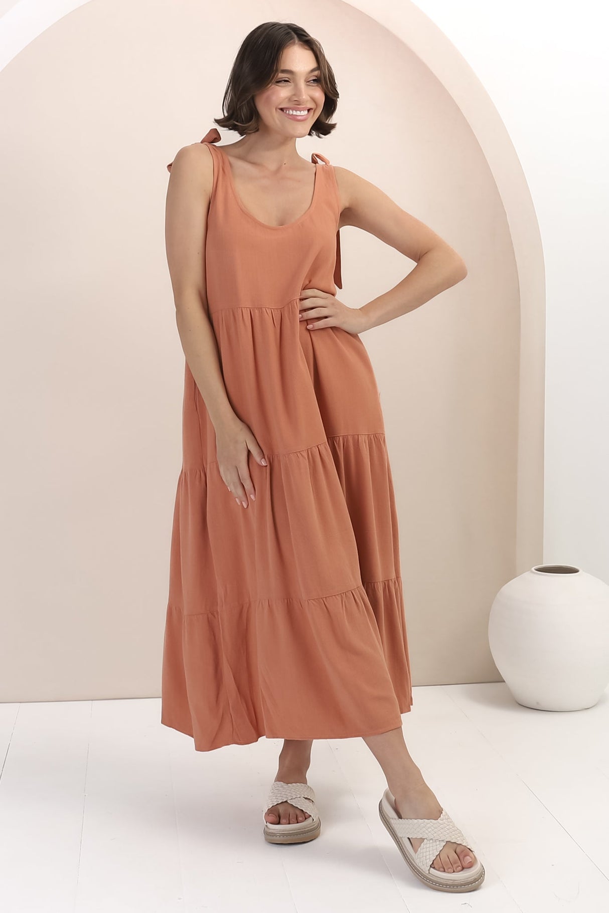 Verona Midi Dress - Tie at Shoulder Straps Sun Dress in Rust