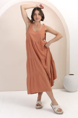 Verona Midi Dress - Tie at Shoulder Straps Sun Dress in Rust