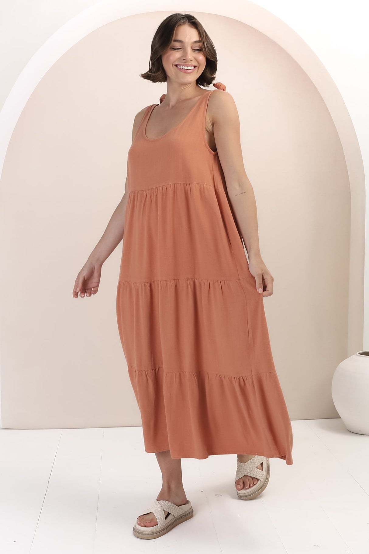 Verona Midi Dress - Tie at Shoulder Straps Sun Dress in Rust