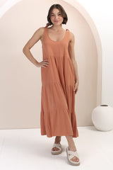 Verona Midi Dress - Tie at Shoulder Straps Sun Dress in Rust