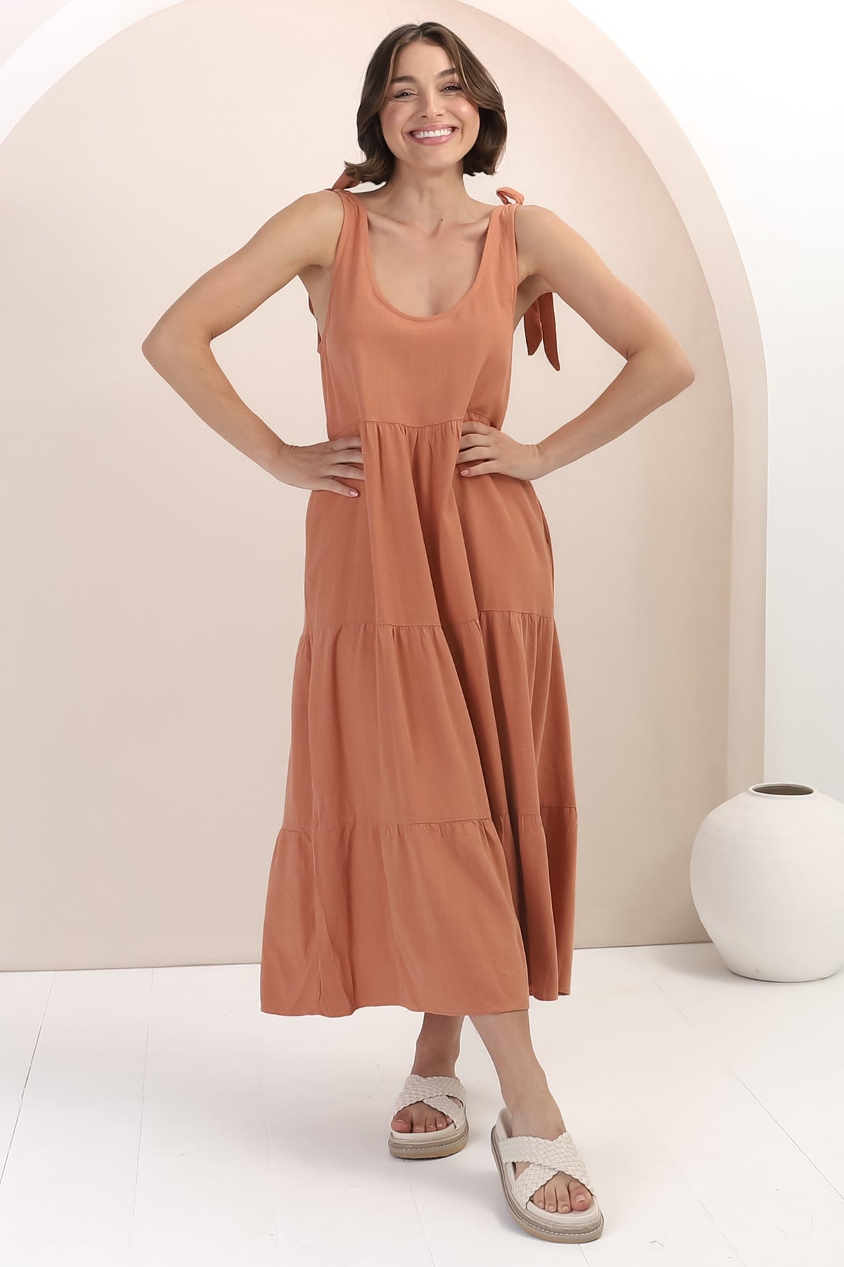 Verona Midi Dress - Tie at Shoulder Straps Sun Dress in Rust