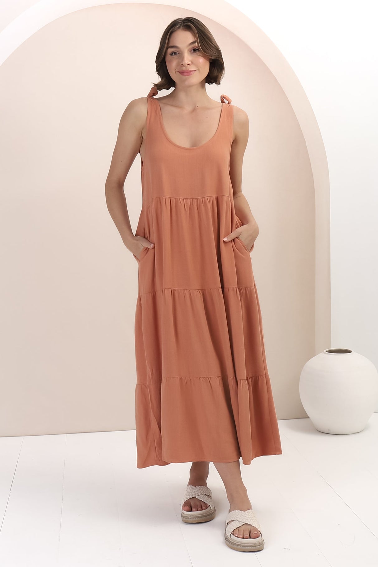 Verona Midi Dress - Tie at Shoulder Straps Sun Dress in Rust