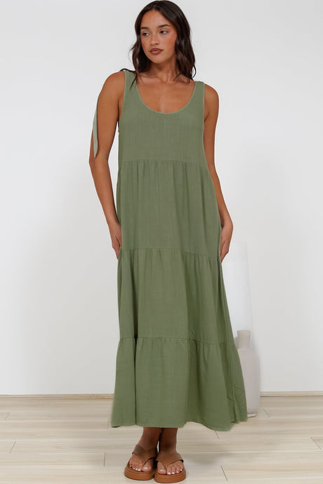 Verona Midi Dress - Tie at Shoulder Straps Sun Dress in Sage