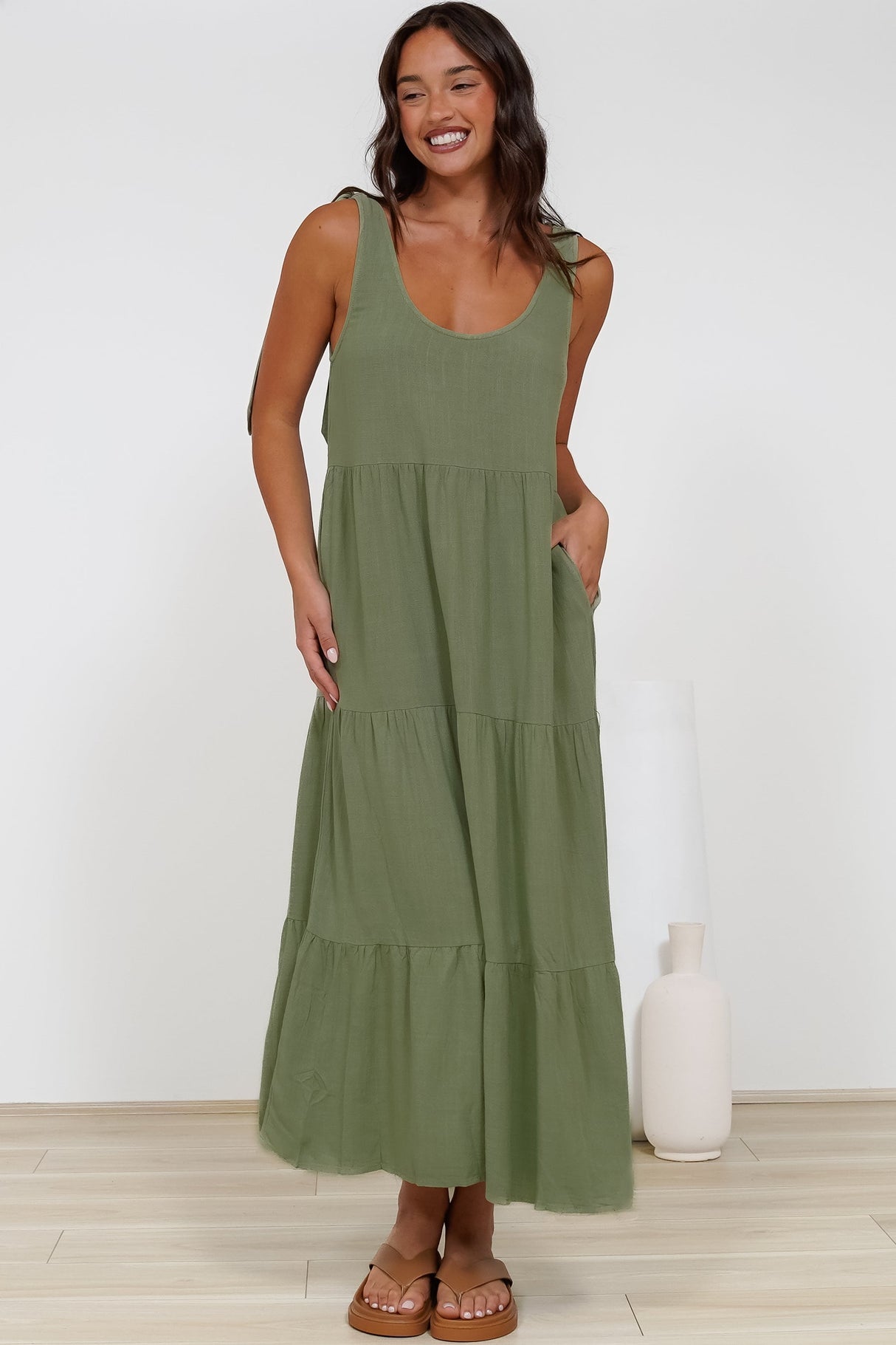 Verona Midi Dress - Tie at Shoulder Straps Sun Dress in Sage