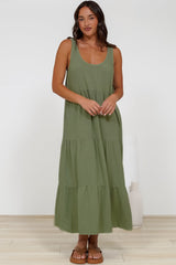 Verona Midi Dress - Tie at Shoulder Straps Sun Dress in Sage
