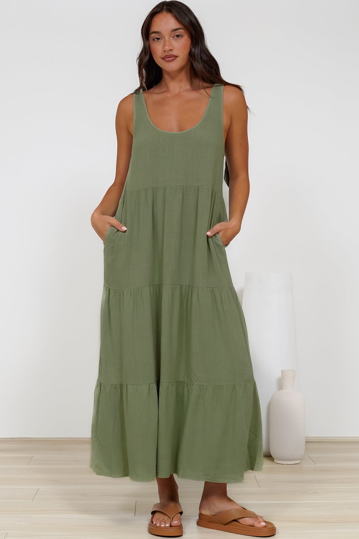 Verona Midi Dress - Tie at Shoulder Straps Sun Dress in Sage