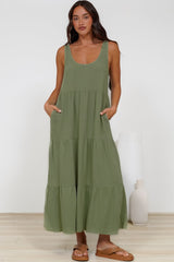 Verona Midi Dress - Tie at Shoulder Straps Sun Dress in Sage