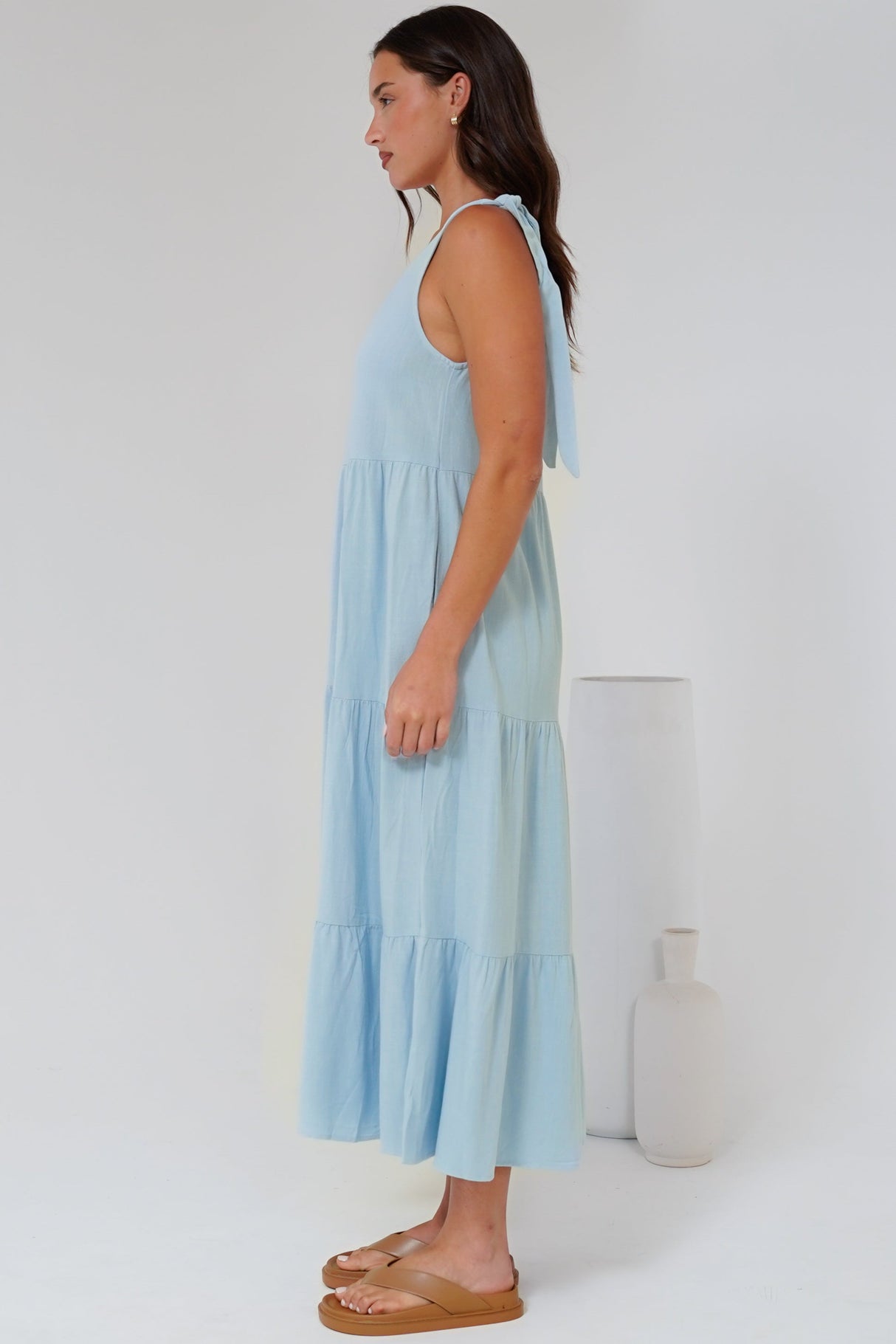 Verona Midi Dress - Tie at Shoulder Straps Sun Dress in Sky Blue