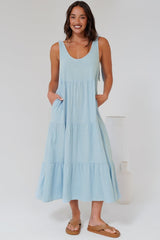 Verona Midi Dress - Tie at Shoulder Straps Sun Dress in Sky Blue