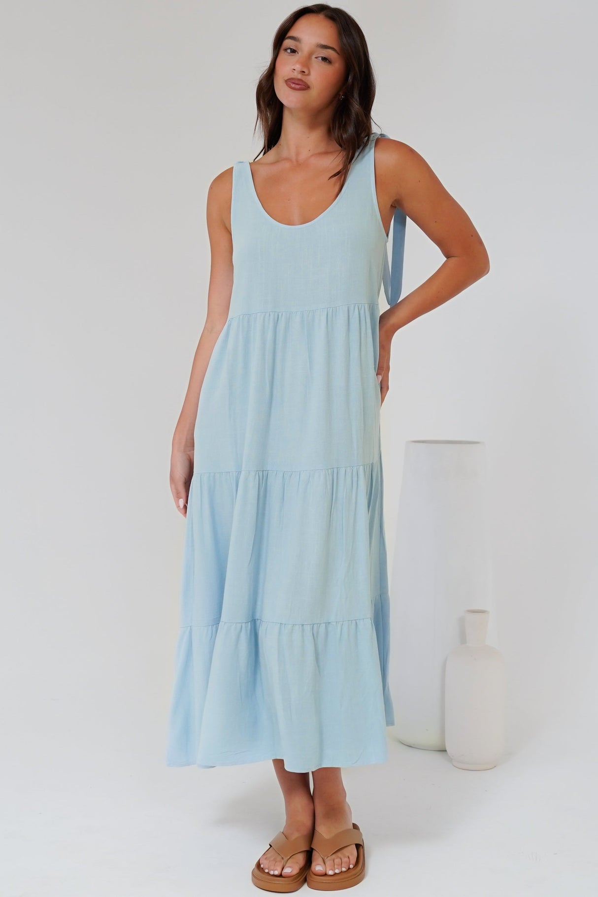 Verona Midi Dress - Tie at Shoulder Straps Sun Dress in Sky Blue