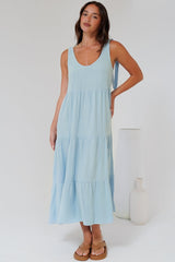 Verona Midi Dress - Tie at Shoulder Straps Sun Dress in Sky Blue