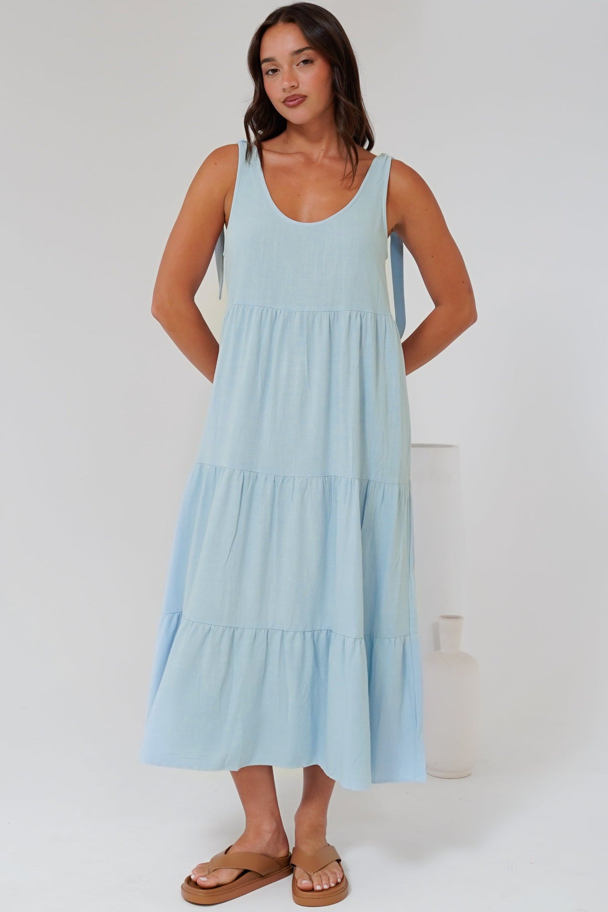 Verona Midi Dress - Tie at Shoulder Straps Sun Dress in Sky Blue