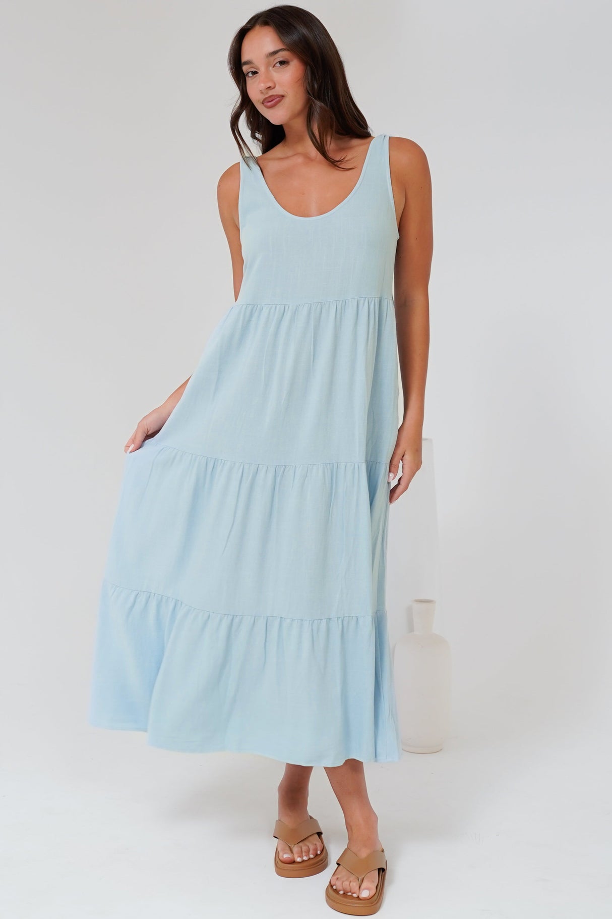 Verona Midi Dress - Tie at Shoulder Straps Sun Dress in Sky Blue