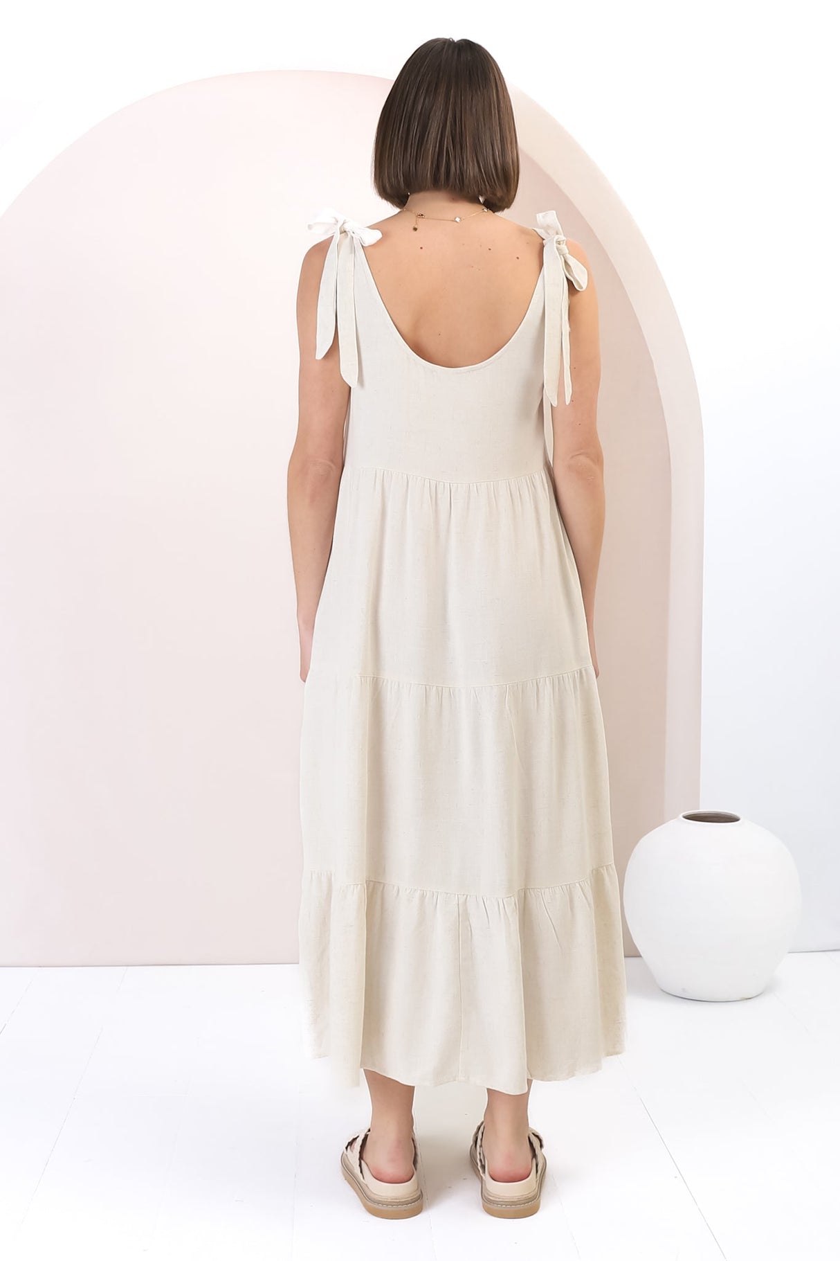 Verona Midi Dress - Tie at Shoulder Straps Sun Dress in Cream