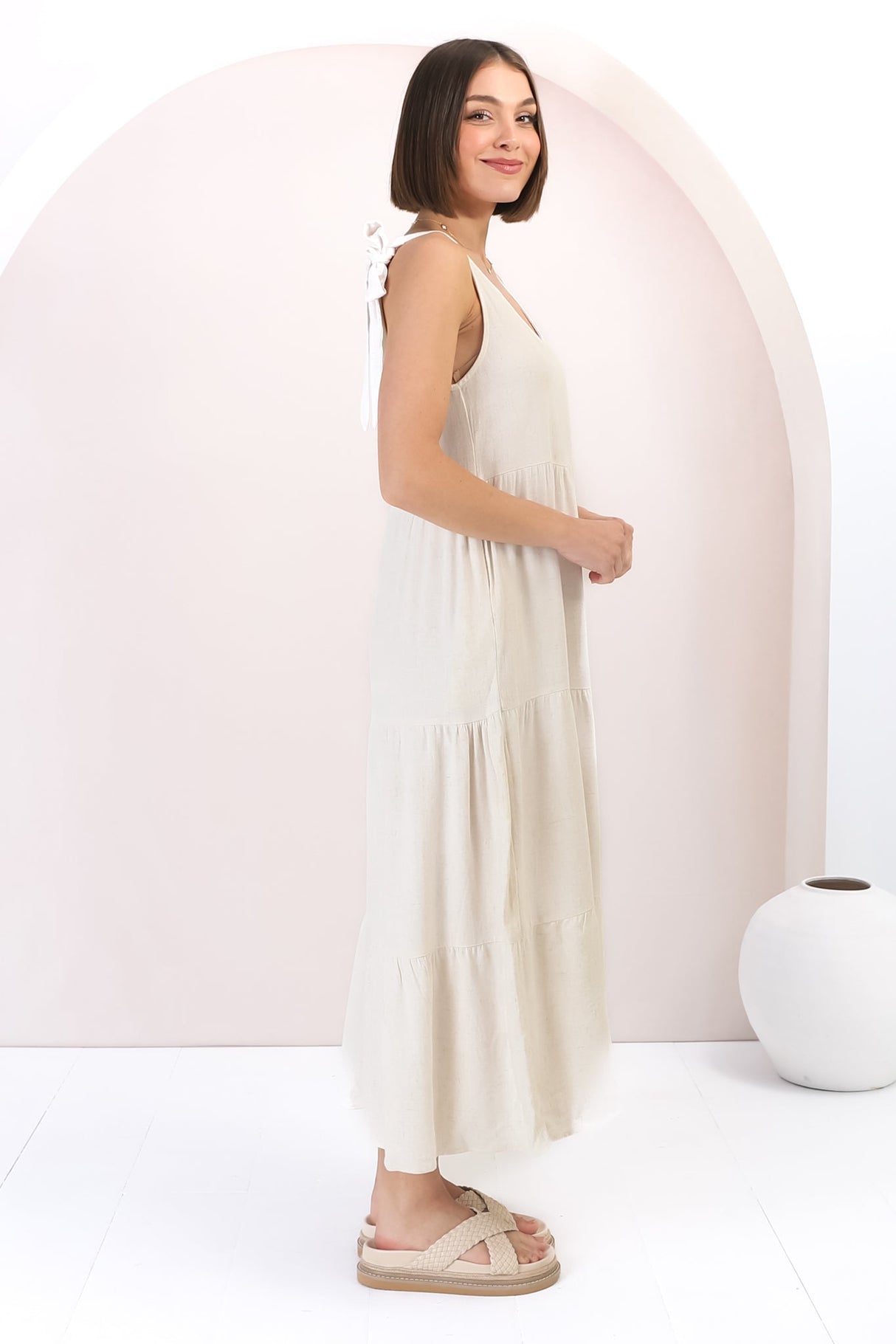 Verona Midi Dress - Tie at Shoulder Straps Sun Dress in Cream