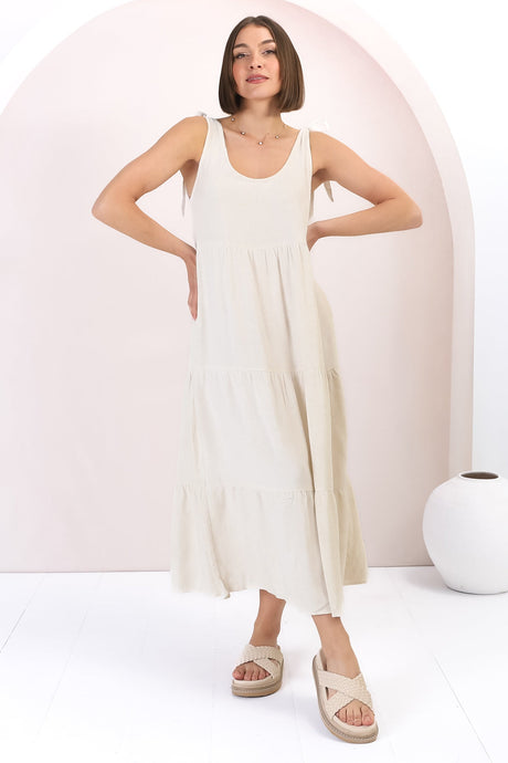 Verona Midi Dress - Tie at Shoulder Straps Sun Dress in Cream