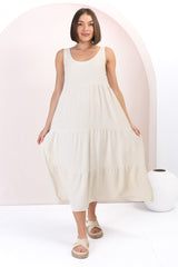 Verona Midi Dress - Tie at Shoulder Straps Sun Dress in Cream