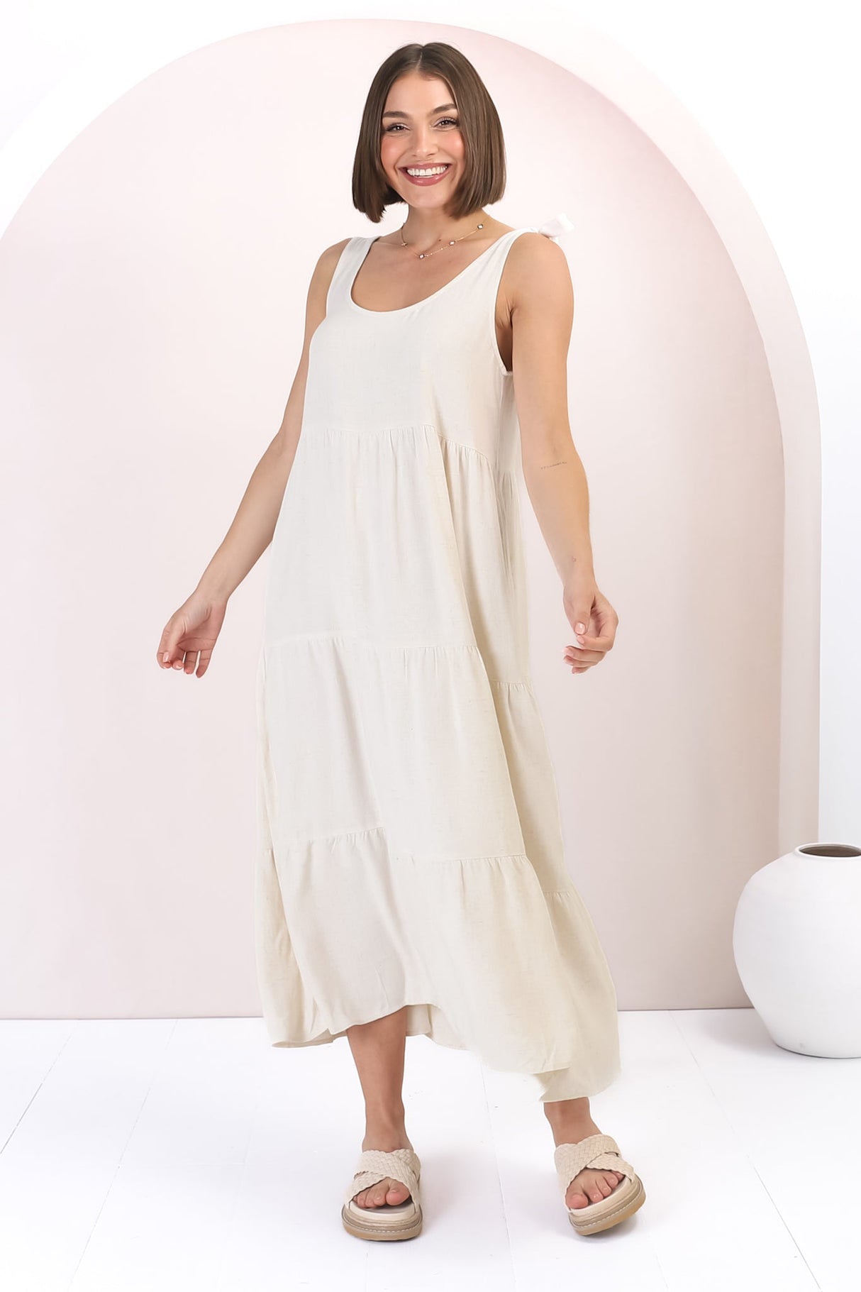 Verona Midi Dress - Tie at Shoulder Straps Sun Dress in Cream