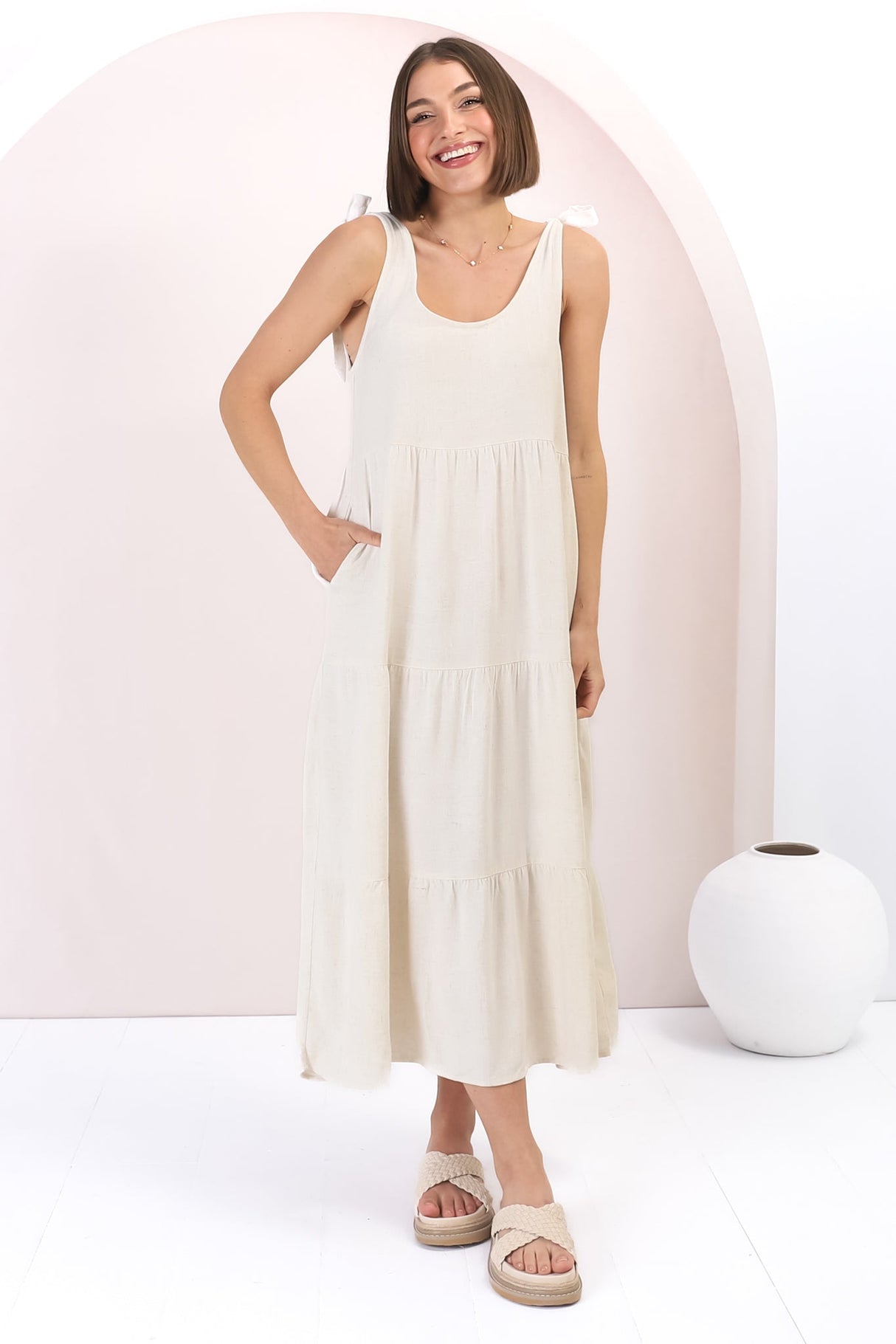 Verona Midi Dress - Tie at Shoulder Straps Sun Dress in Cream