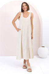 Verona Midi Dress - Tie at Shoulder Straps Sun Dress in Cream