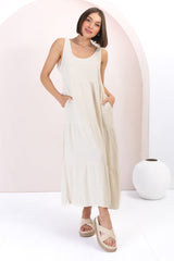 Verona Midi Dress - Tie at Shoulder Straps Sun Dress in Cream