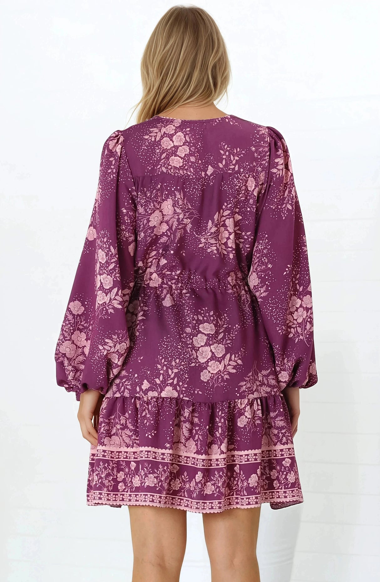 Veronica Mini Dress - Crochet Trim V-Neck Pull Tie Waist Mini Dress in Briella Print Berry