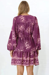 Veronica Mini Dress - Crochet Trim V-Neck Pull Tie Waist Mini Dress in Briella Print Berry