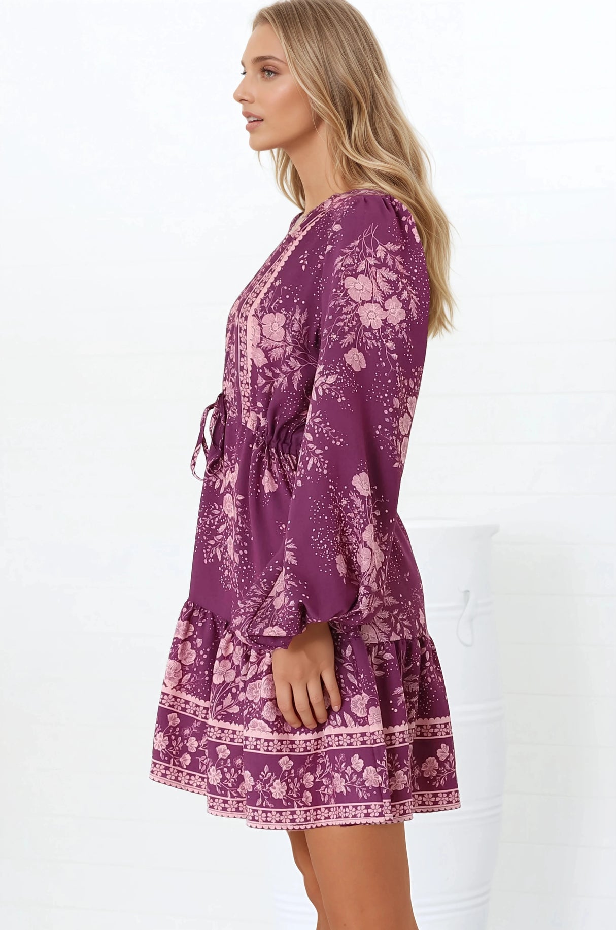 Veronica Mini Dress - Crochet Trim V-Neck Pull Tie Waist Mini Dress in Briella Print Berry