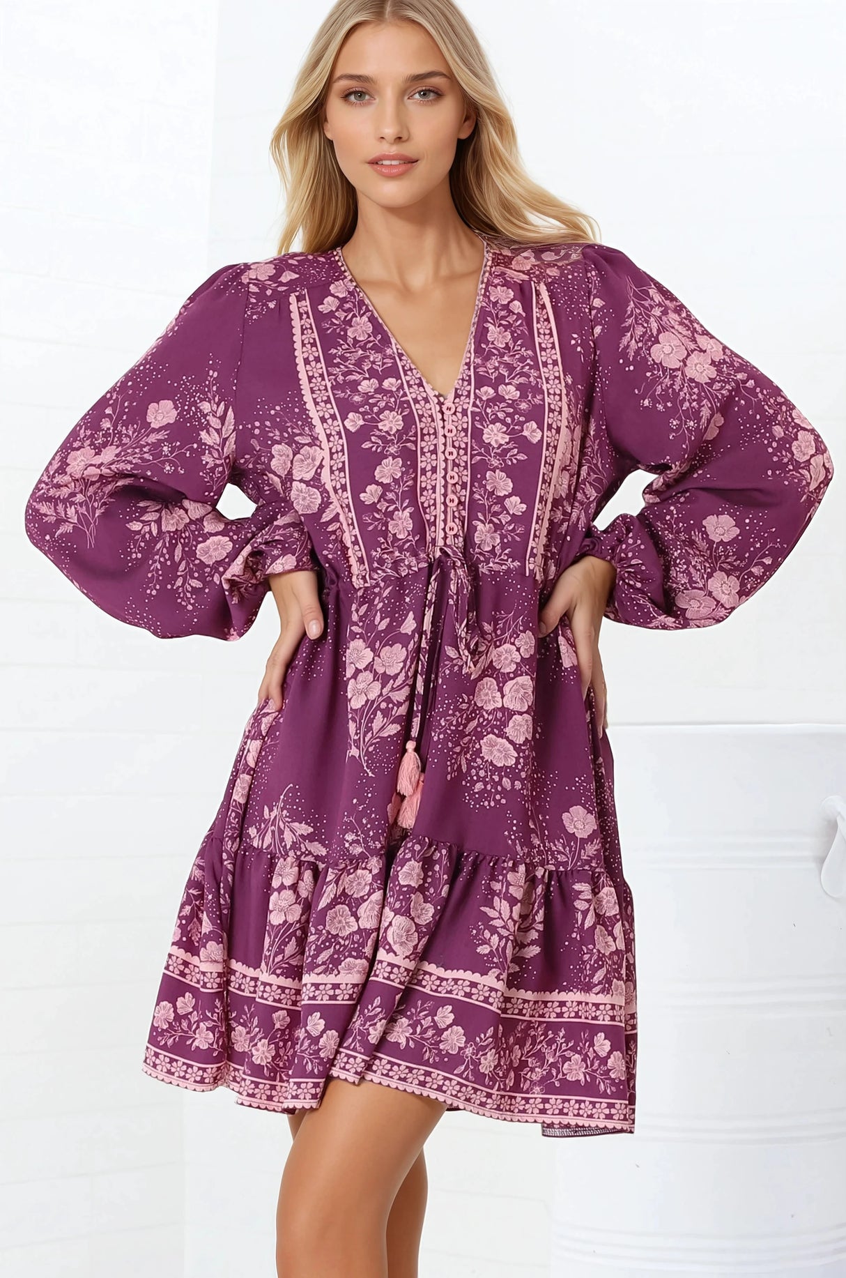 Veronica Mini Dress - Crochet Trim V-Neck Pull Tie Waist Mini Dress in Briella Print Berry