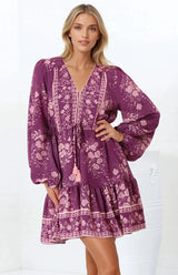 Veronica Mini Dress - Crochet Trim V-Neck Pull Tie Waist Mini Dress in Briella Print Berry