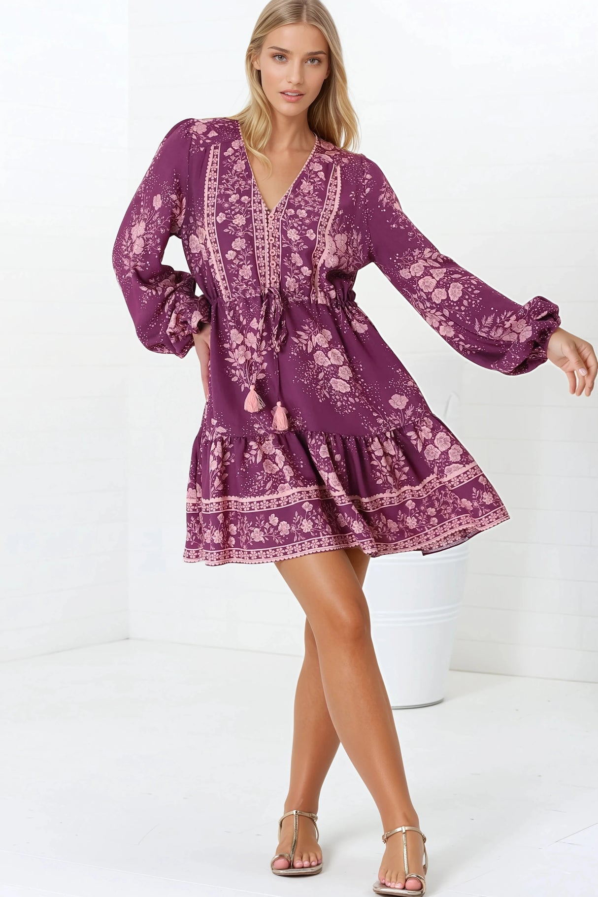 Veronica Mini Dress - Crochet Trim V-Neck Pull Tie Waist Mini Dress in Briella Print Berry