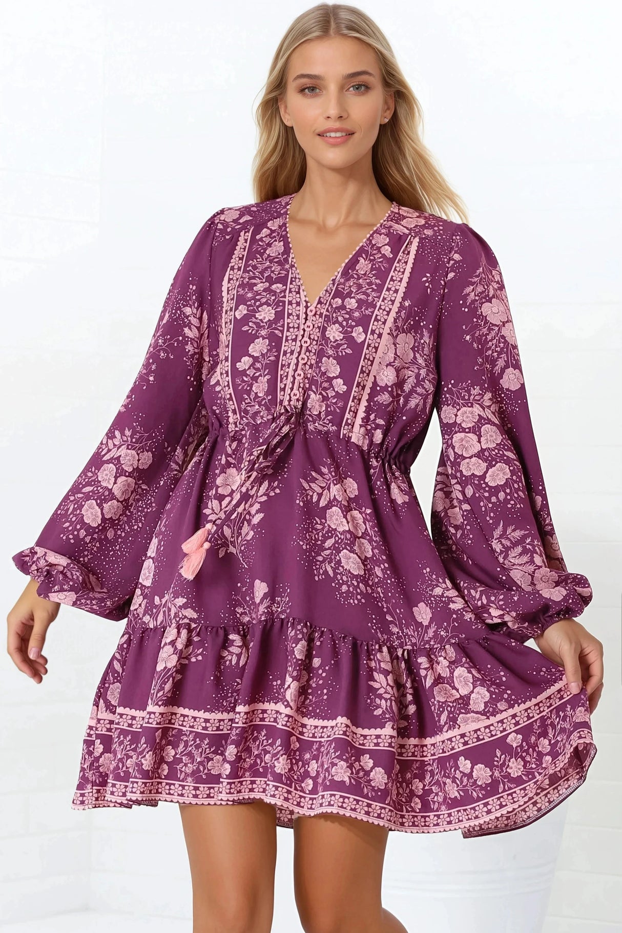 Veronica Mini Dress - Crochet Trim V-Neck Pull Tie Waist Mini Dress in Briella Print Berry