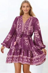 Veronica Mini Dress - Crochet Trim V-Neck Pull Tie Waist Mini Dress in Briella Print Berry