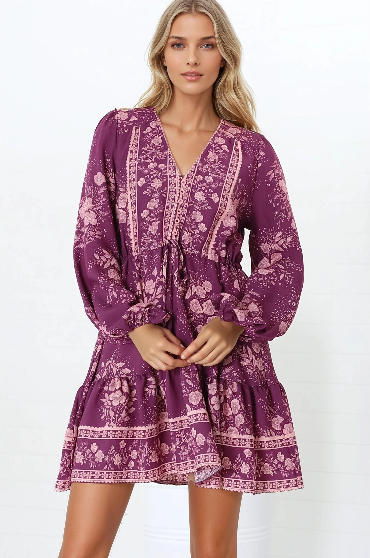 Veronica Mini Dress - Crochet Trim V-Neck Pull Tie Waist Mini Dress in Briella Print Berry