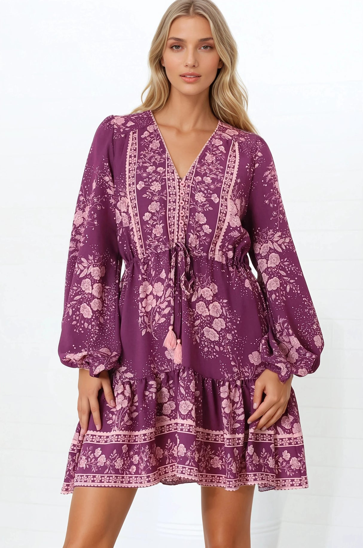 Veronica Mini Dress - Crochet Trim V-Neck Pull Tie Waist Mini Dress in Briella Print Berry