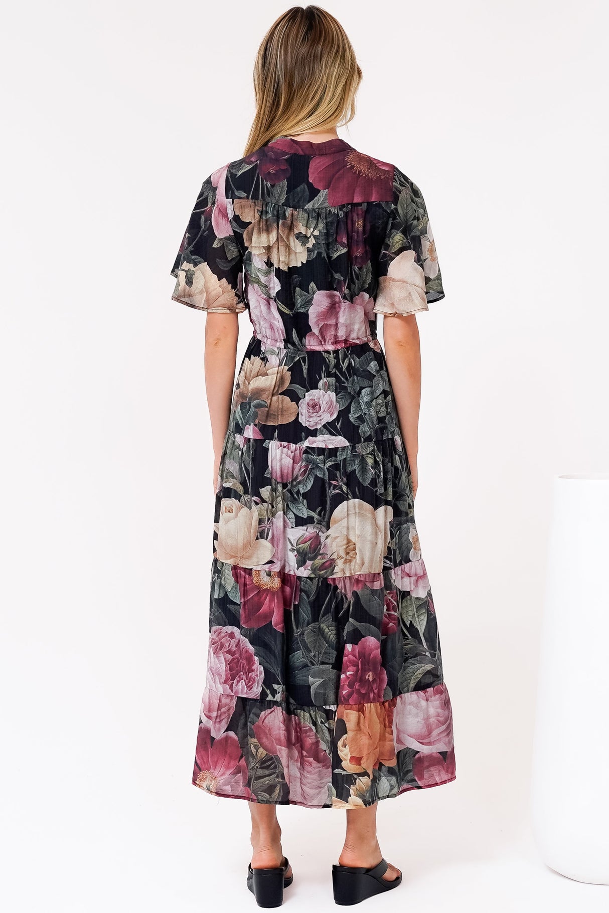 Vesna Midi Dress - Mandarin Collared Flutter Sleeve Shirt Dress with Waist Tie in Annalisa Print