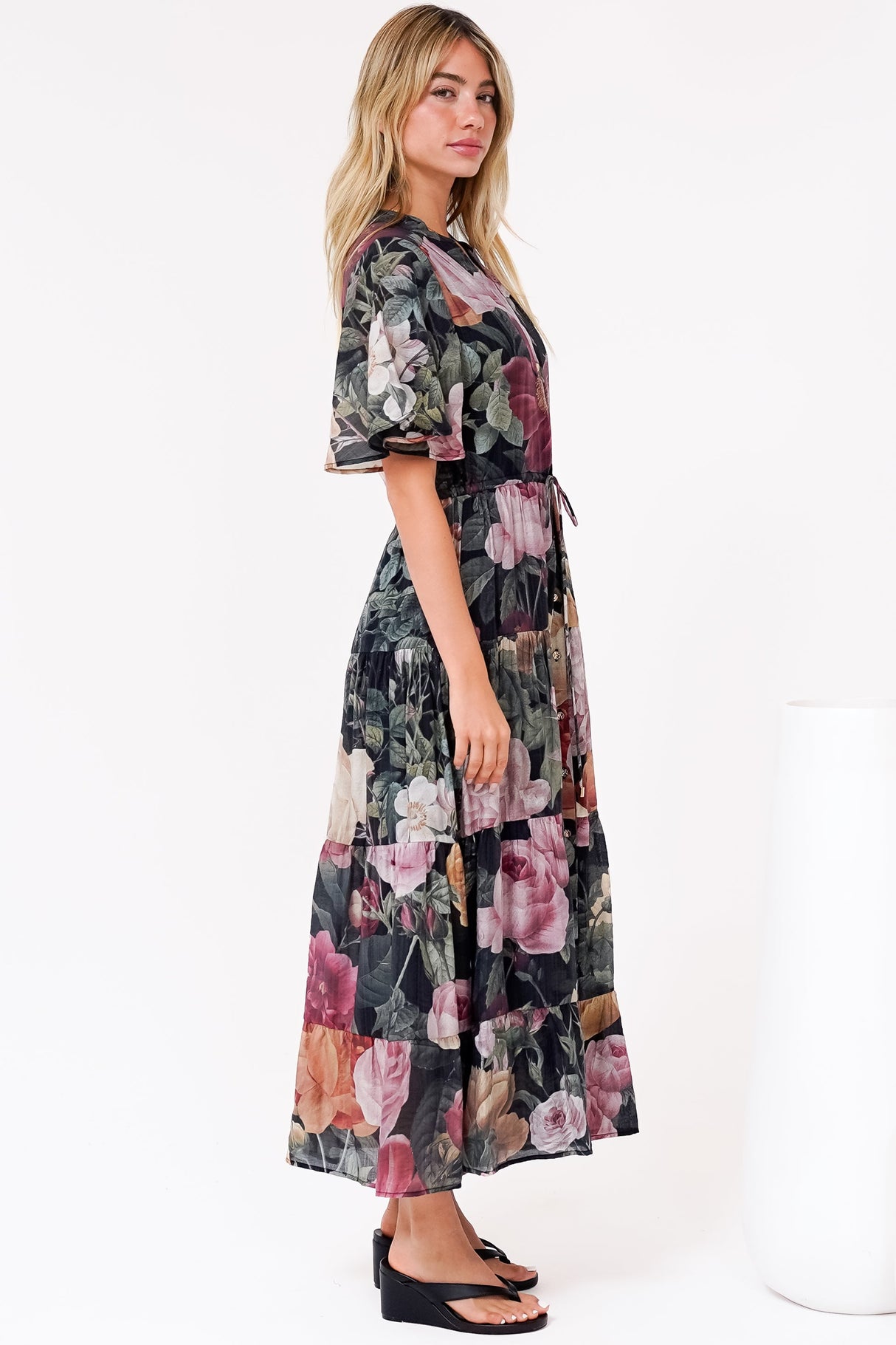 Vesna Midi Dress - Mandarin Collared Flutter Sleeve Shirt Dress with Waist Tie in Annalisa Print