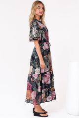 Vesna Midi Dress - Mandarin Collared Flutter Sleeve Shirt Dress with Waist Tie in Annalisa Print