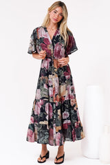Vesna Midi Dress - Mandarin Collared Flutter Sleeve Shirt Dress with Waist Tie in Annalisa Print