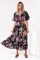 Vesna Midi Dress - Mandarin Collared Flutter Sleeve Shirt Dress with Waist Tie in Annalisa Print