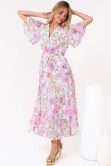 Vesna Midi Dress - Mandarin Collared Flutter Sleeve Shirt Dress with Waist Tie in Honora Print