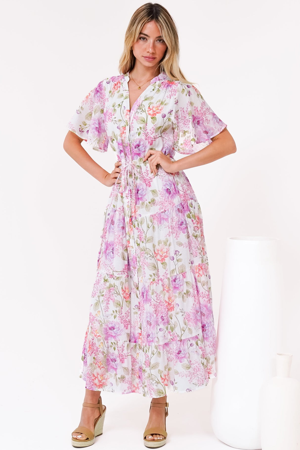 Vesna Midi Dress - Mandarin Collared Flutter Sleeve Shirt Dress with Waist Tie in Honora Print