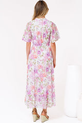 Vesna Midi Dress - Mandarin Collared Flutter Sleeve Shirt Dress with Waist Tie in Honora Print