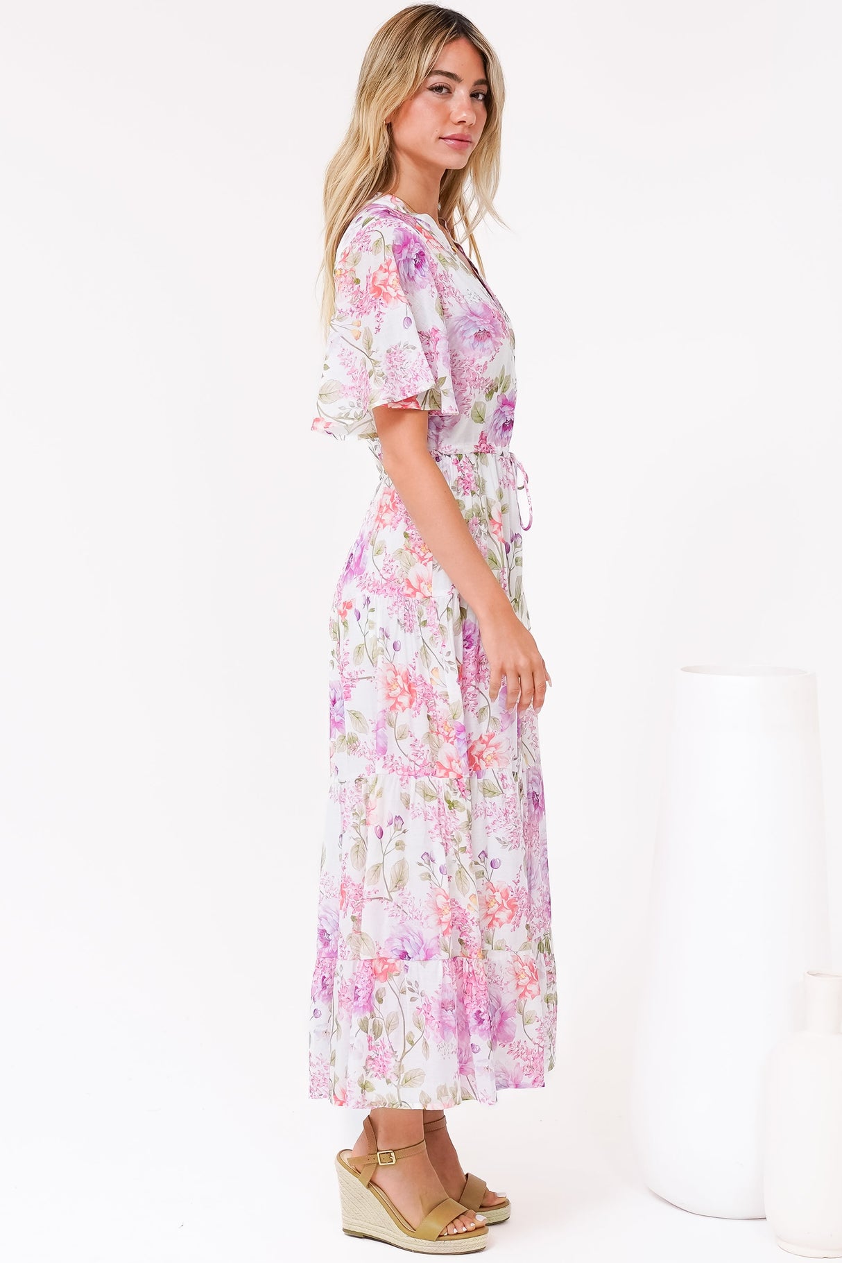 Vesna Midi Dress - Mandarin Collared Flutter Sleeve Shirt Dress with Waist Tie in Honora Print